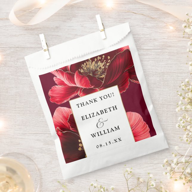 Burgundy Red And Gold Floral Wedding Thank You Favour Bags (Clipped)