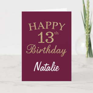Burgundy Red and Gold Glitter 13th Birthday Card