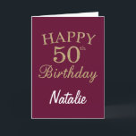 Burgundy Red and Gold Glitter 50th Birthday Card<br><div class="desc">Burgundy Red and Gold Glitter 50th Birthday Card with personalised name. For further customisation,  please click the "Customise it" button and use our design tool to modify this template.</div>