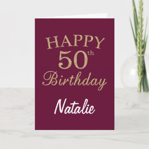 Burgundy Red and Gold Glitter 50th Birthday Card