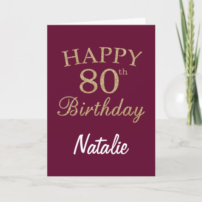 Burgundy Red and Gold Glitter 80th Birthday Card (Front)