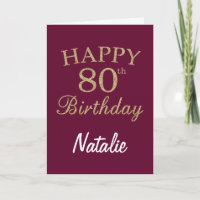 Burgundy Red and Gold Glitter 80th Birthday Card