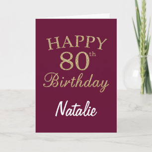 Burgundy Red and Gold Glitter 80th Birthday Card