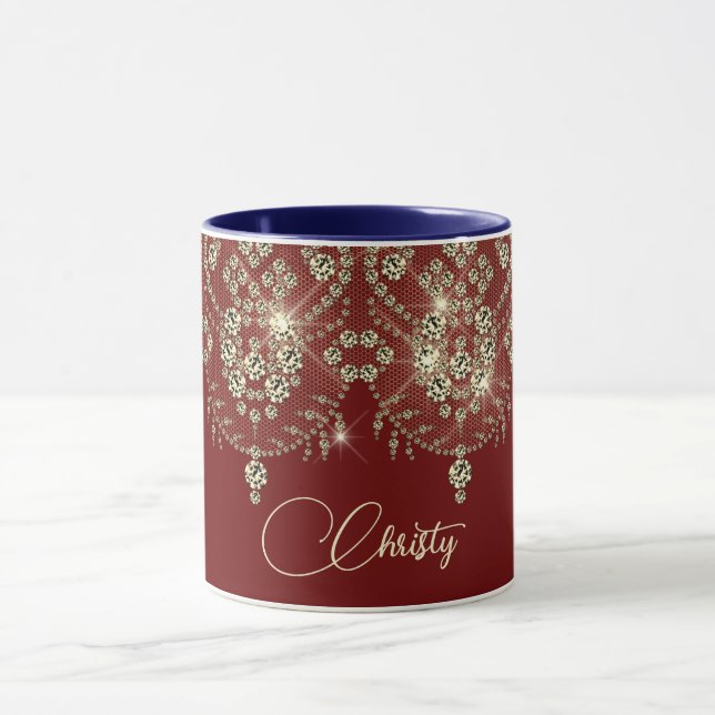 Burgundy red and gold lace elegant sparkle   mug (Center)
