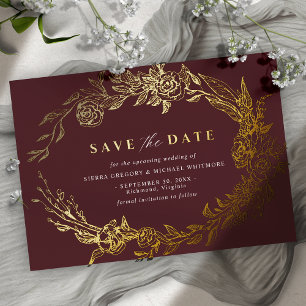 Burgundy Red and Gold   Luxe Floral Save the Date
