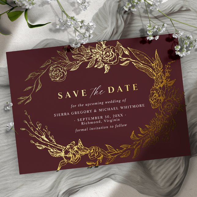 Burgundy Red and Gold | Luxe Floral Save the Date (Creator Uploaded)