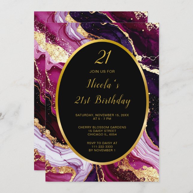Burgundy Red and Gold Marble Agate Birthday Party Invitation (Front/Back)