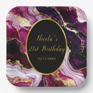 Burgundy Red and Gold Marble Agate Birthday Party Paper Plate