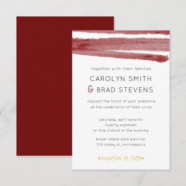 Burgundy Red and Gold Modern Watercolor Wedding Invitation (Front/Back)
