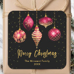 Burgundy Red and Gold Ornaments Merry Christmas Square Sticker<br><div class="desc">This elegant and glamourous holiday sticker can be personalised with your family name. The design features gold and burgundy red Christmas bauble ornaments on a black background. The text combines handwritten script and modern sans serif fonts for a classy and sophisticated look. The sparkles and glitter add a festive and...</div>