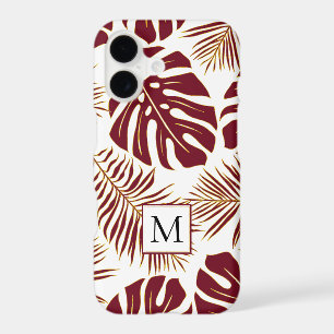 Burgundy red and gold tropical leaves and monogram
