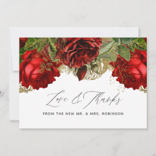Burgundy Red and Gold Vintage Rose Wedding Thank You Card