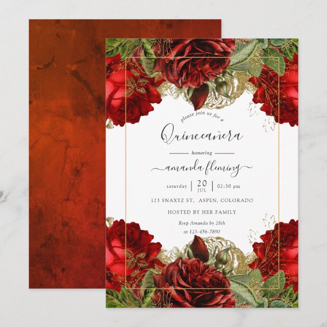 Burgundy Red and Gold Vintage Roses Quinceañera Invitation (Front/Back)