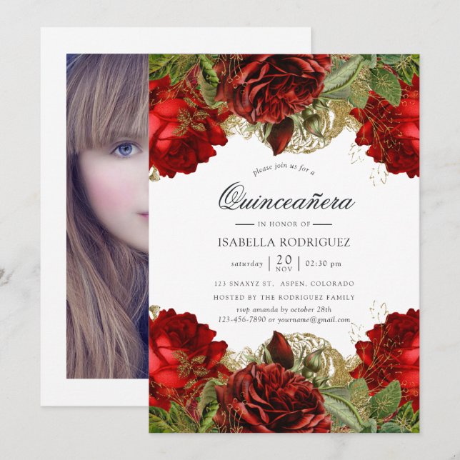 Burgundy Red and Gold Vintage Roses Quinceañera Invitation (Front/Back)