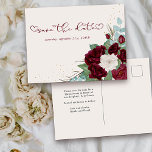 Burgundy Red and Ivory Rose Floral Save the Date Announcement Postcard<br><div class="desc">Floral Save the Date Postcard to customise for any occasion. The design has roses in burgundy red and ivory with gold confetti, foliage and eucalyptus leaves. Save the date is hand lettered with love heart flourishes. The template is set up for you to add your special date and a custom...</div>