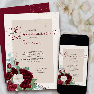 Burgundy Red and Ivory Roses Elegant Quinceanera Invitation