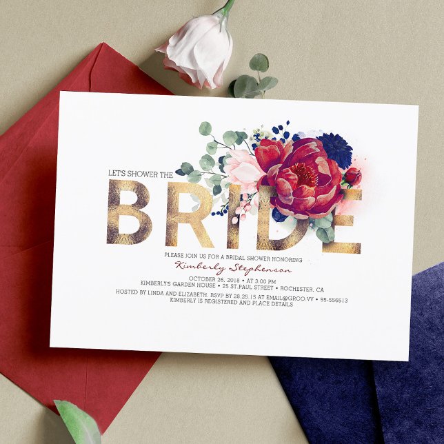 Burgundy Red and Navy Blue Floral Bridal Shower Invitation (Creator Uploaded)