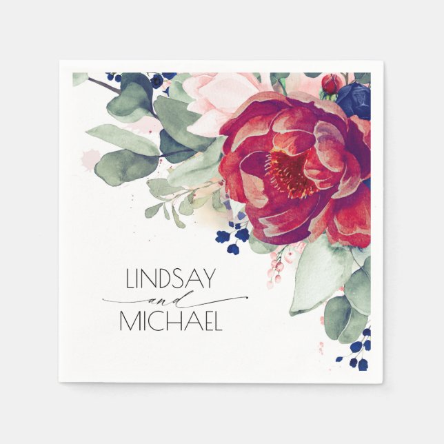 Burgundy Red and Navy Blue Floral Elegant Napkin (Front)