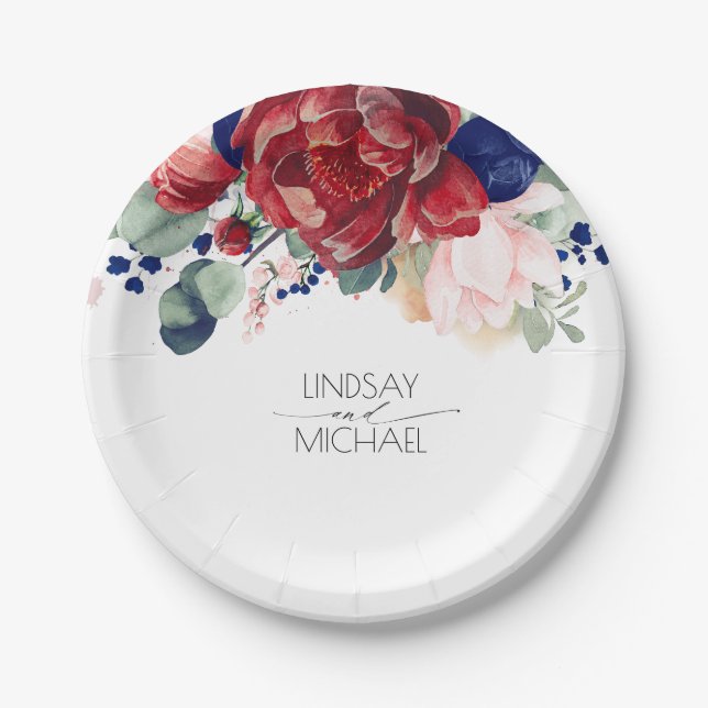 Burgundy Red and Navy Blue Floral Elegant Wedding Paper Plate (Front)