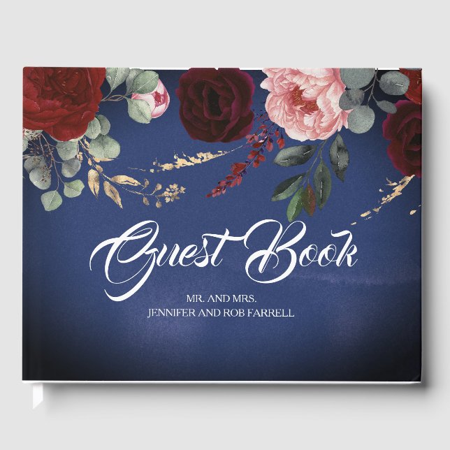 Burgundy Red and Navy Blue Floral Wedding Guest Book (Front)