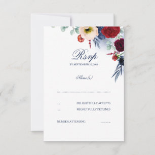 Burgundy Red and Navy Blue Floral Wedding RSVP Card