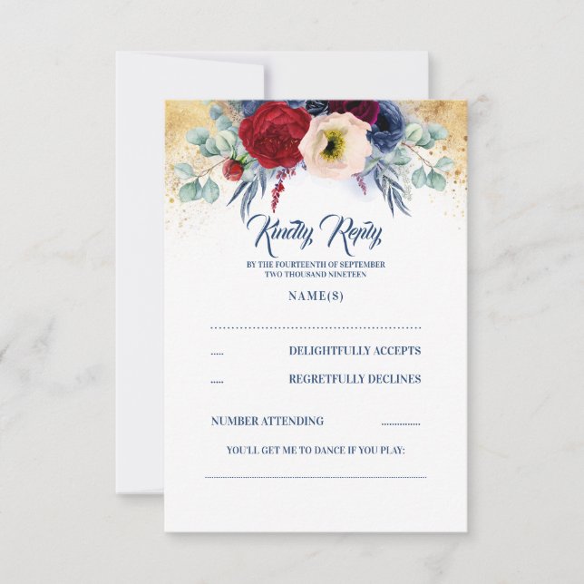 Burgundy Red and Navy Blue Nautical Wedding RSVP (Front)