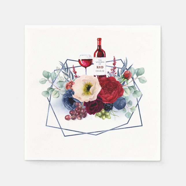 Burgundy Red and Navy Floral Wine Wedding Napkin (Front)