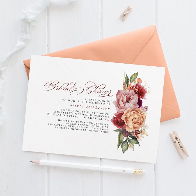 Burgundy Red and Orange Floral Fall Bridal Shower Invitation (Creator Uploaded)