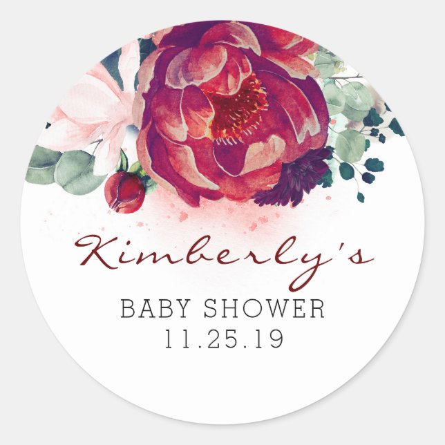 Burgundy Red and Pink Floral Baby Shower Classic Round Sticker (Front)
