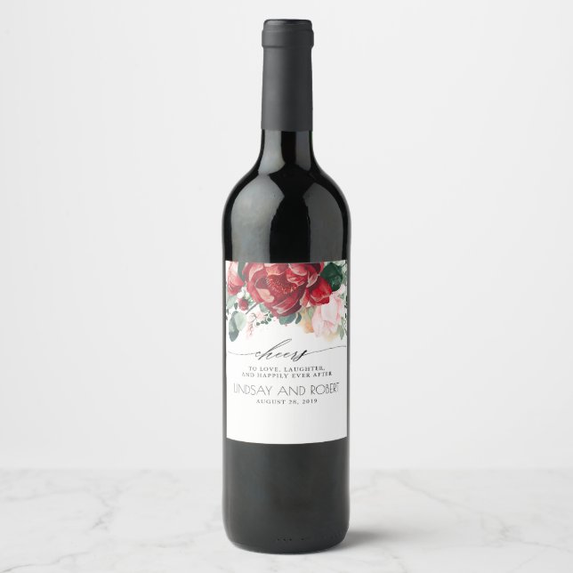 Burgundy Red and Pink Floral Boho Wine Label (Front)