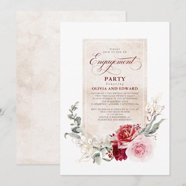 Burgundy Red and Pink Floral Engagement Party Invitation (Front/Back)