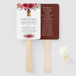 Burgundy Red and Pink Floral Wedding Program Hand Fan