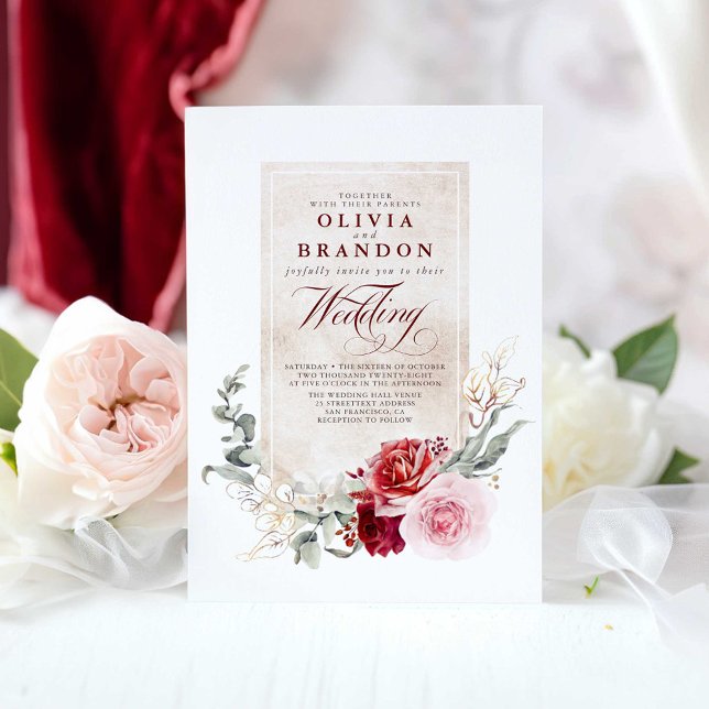 Burgundy Red and Pink Flowers Elegant Wedding Invitation (Burgundy red and pink floral chic wedding invitation)