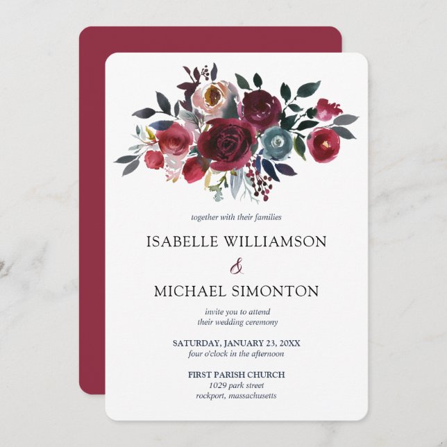 Burgundy Red and Pink Rose Floral Wedding Invitation (Front/Back)