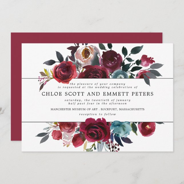 Burgundy Red and Pink Rose Floral Wedding Invitation (Front/Back)