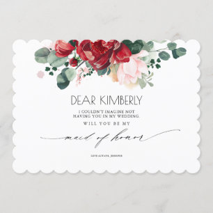 Burgundy Red and Pink Will You Be My Maid of Honou Invitation