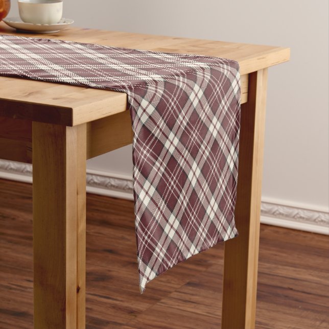 Burgundy Red and Tan Madras Plaid Pattern Short Table Runner (In Situ)