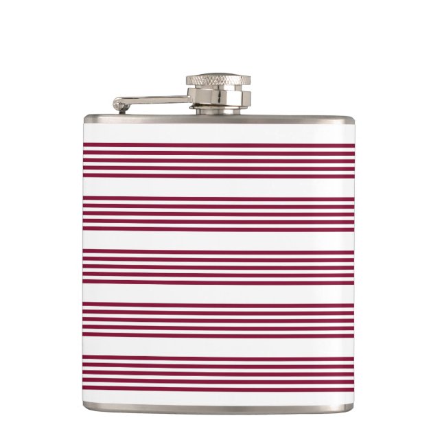 Burgundy red and white five stripe pattern hip flask (Front)