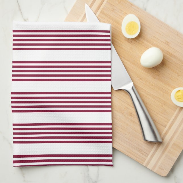 Burgundy red and white five stripe pattern tea towel (Quarter Fold)
