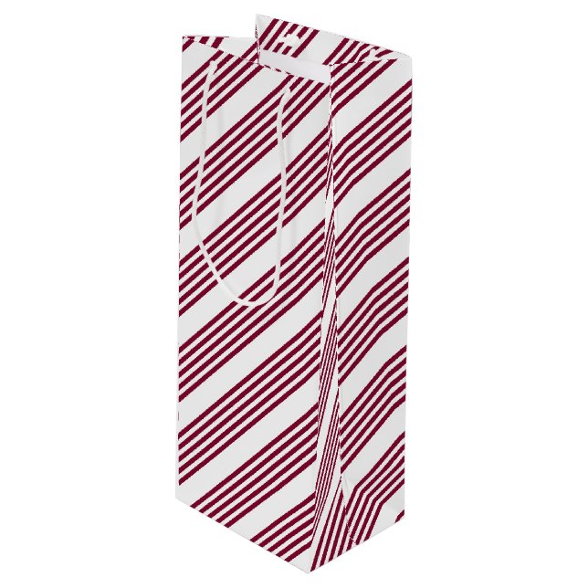 Burgundy red and white five stripe pattern wine gift bag (Front Angled)