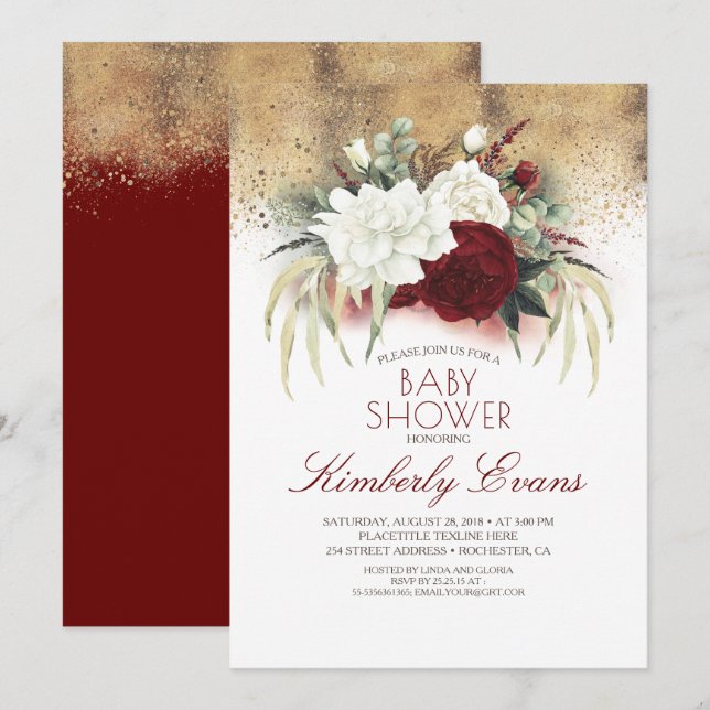 Burgundy Red and White Floral Elegant Baby Shower Invitation (Front/Back)