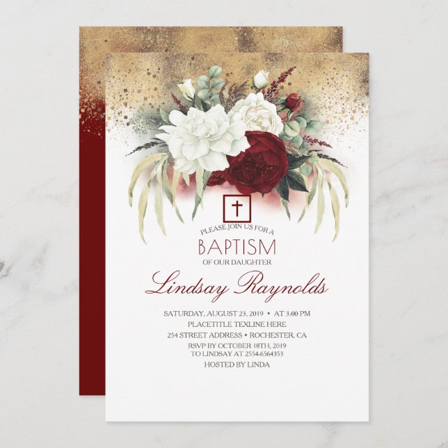 Burgundy Red and White Floral Elegant Baptism Invitation (Front/Back)