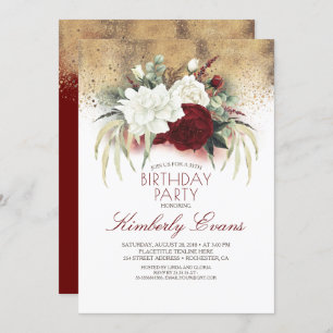 Burgundy Red and White Floral Elegant Birthday Invitation