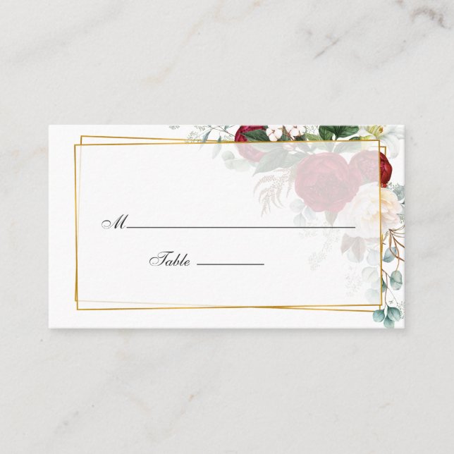 Burgundy Red and White Floral Geometric Wedding Place Card (Front)