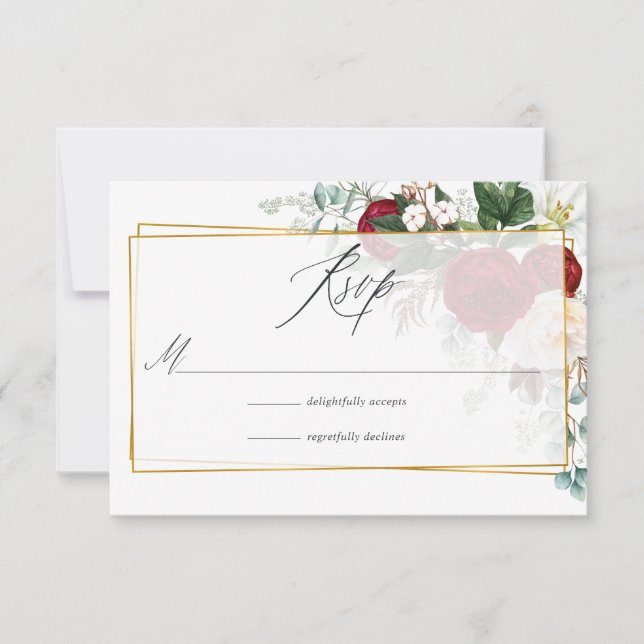 Burgundy Red and White Floral Geometric Wedding RSVP Card (Front)