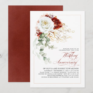 Burgundy Red and White Floral Wedding Anniversary Invitation