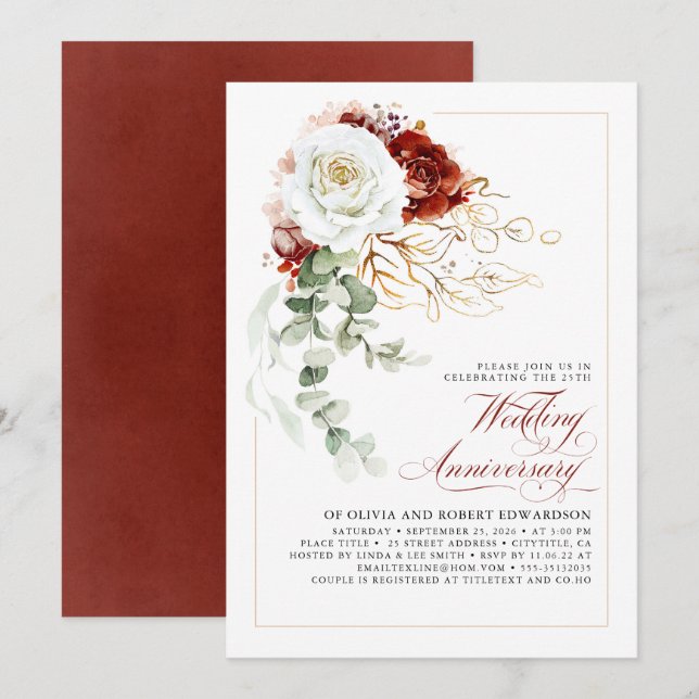 Burgundy Red and White Floral Wedding Anniversary Invitation (Front/Back)
