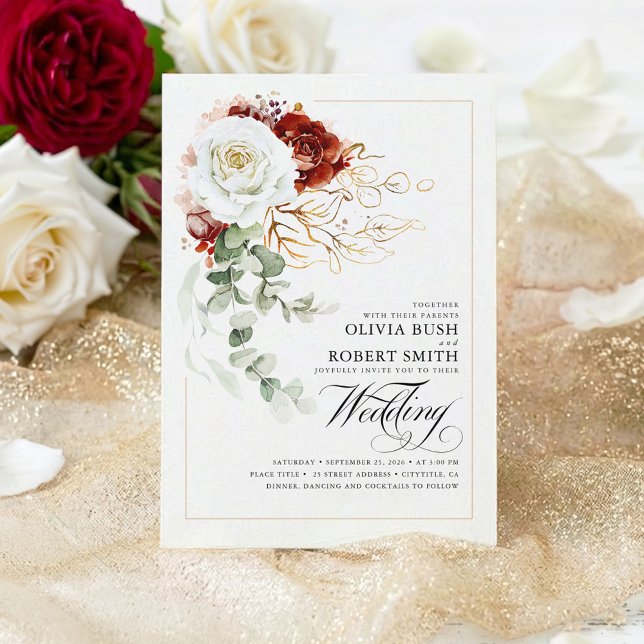 Burgundy Red and White Flowers Elegant Wedding Invitation (Burgundy Red and White Botanical Flowers Chic Wedding Invitation)