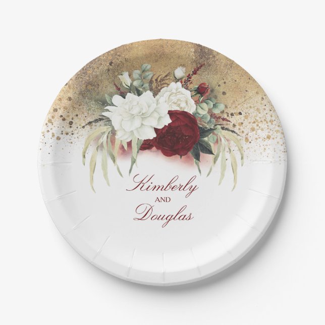 Burgundy Red and White Flowers Gold Wedding Paper Plate (Front)