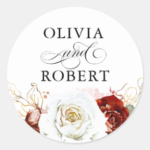 Burgundy Red and White Modern Floral Boho Wedding Classic Round Sticker